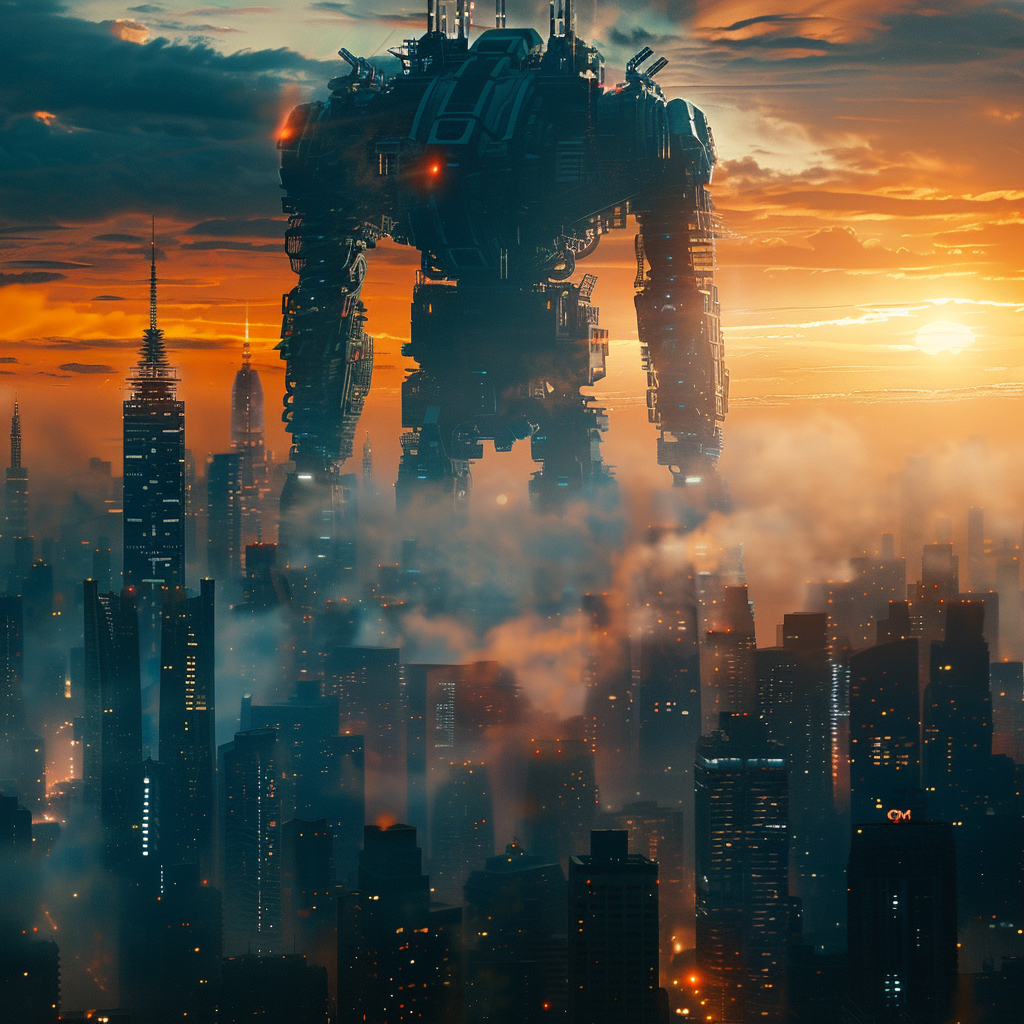 Widescreen 16:9, Titans Clash: AI vs. Copyright, Futuristic Urban Landscape, Cool Blue Hue vs. Warm Orange Glow, DSLR Canon EOS 5Ds, Sigma 24mm f/1.4 DG HSM Art Lens, Diffused Late-afternoon Sunlight vs. Artificial City Glow, Dynamic Tension between Foreground and Background, The Titans (AI and Copyright symbol) Towering over Urban Landscape, Hint of an Audience in Shadow, Slight Vignette for Focus, Implied Movement and Struggle, f-stops at f/8, ISO 100, Shutter 1/250s, Minimal Noise Reduction, High Contrast.