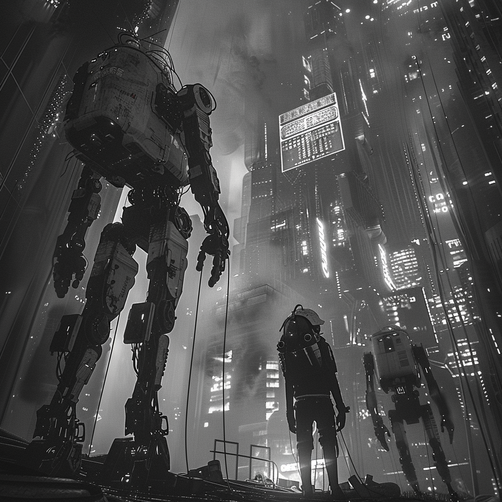 Wide Angle Shot, Robots Engaging in Human-Like Tasks, Futuristic Urban Environment, High Contrast Monochromatic, Canon EOS 5D Mark IV with EF 16-35mm f/2.8L III USM, Backlit with Low Key Lighting, Rule of Thirds Composition, Robots Displaying Human Emotion, High Detail Achieved Through ISO 100, f/8.0, 1/100s Exposure Settings, Render Objects and Textures with Photorealistic Precision.