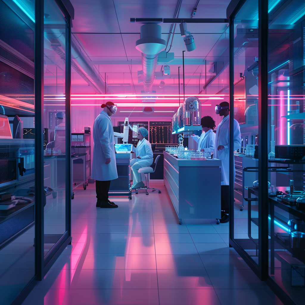 Landscape Orientation, Futuristic Laboratory Scene, Researchers Utilizing AI and CRISPR Technology, Cool Metallic and Neon Spectrum, Nikon D850/ AF-S NIKKOR 24-70mm f/2.8E ED VR, High Dynamic Range, Rule of Thirds, Focus on Researchers and Futuristic Technology, Increased Clarity and Decreased Vibrance, High Exposure Parameters.