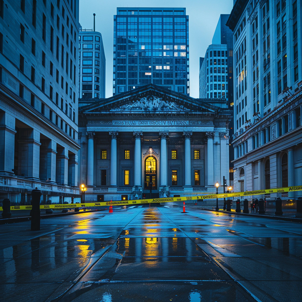 Wide Angle Shot, Government building + Caution Tape, Futuristic Cityscape, Cold Metallic Blues and Grays, Canon EF 16-35mm f/2.8L III USM, Twilight Lighting, Rule of Thirds Composition, Foreground with Futuristic AI Imagination, Contrast - 3/4, Sharpness - 7/10, ISO - 150, Aperture - f/2.8, Shutter Speed - 1/80.