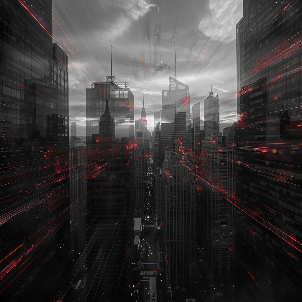 Panoramic shot, Rise of Technology and Conflict: US Restrictions Shaking Global Power, urban landscape suffused with disruptive digital artifacts, monochrome palette tinged with sparks of vibrant red, Canon EOS 5DS coupled with Sigma 14-24mm F2.8 lens, high contrast lighting with deep shadows accentuating the disrupted elements, rule of thirds with dominating skyscrapers and digital glitches forming leading lines to the horizon, output format for the AI: 16:9, additional layers of increased grain and noise for a gritty aesthetic, include varying levels of illumination to emulate realistic sunlight and artificial city lights, parameters - f/1.8, 1/2000sec, ISO-100, sharpness and clarity in foreground with gradual blur in the background. Remember, the image should reflect not just the rise of technology but also the underlying tension and conflict, the subtle divide between progress and constraint. Give additional emphasis on realism in rendering the cityscape and scale of the structures. Furthermore, the digital disruptions should seem almost organic, growing out of and ensnaring the city but not overwhelming the entire frame to ensure a balanced image composition.