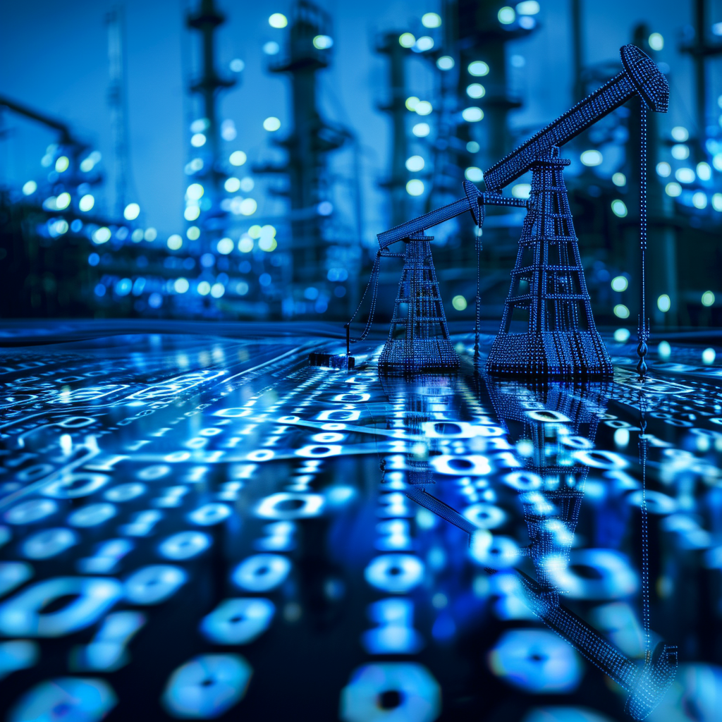 Panoramic Format, Data Privacy Conceptual Representation, High-Tech Environment, Monochromatic Blue, Canon 5D Mark IV with 24-70mm f/2.8 Lens, Low Key Lighting, Rule of Thirds Composition, Oil Rig Overlapping Binary Code, Depth of Field, ISO 100, f/2.8, 1/400 Sec Exposure.